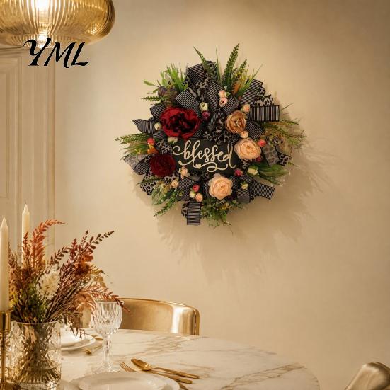 Thanksgiving Wall Hanging Fall Leopard Print Wreath for Front Door, Artificial Floral with All Season Decor Blessed Sign, Faux Peony Flower
