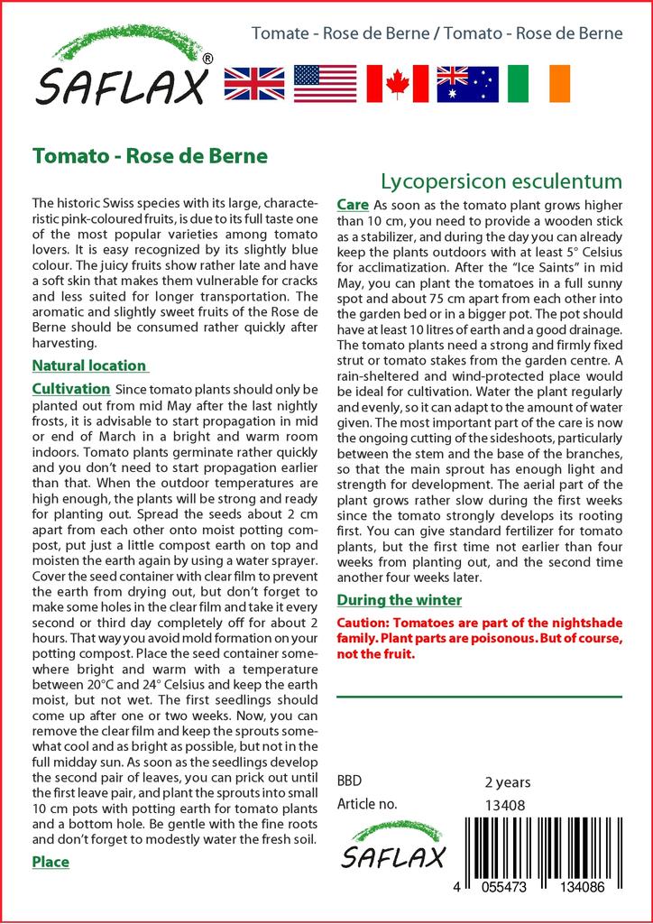 SAFLAX Помидор - Роза де Берн - 10 семян - Lycopersicon esculentum