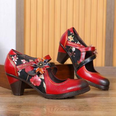 Туфли-лодочки из натуральной кожи в стиле ретро с цветочным принтом, женская обувь, красные туфли на высоком каблуке в этническом стиле, женская обувь ручной работы с круглым носком