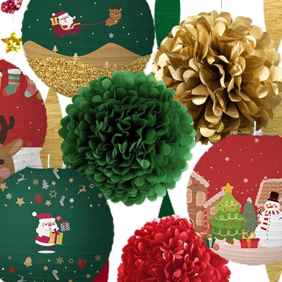 15 шт. рождественских бумажных фонариков, украшения, красные и зеленые помпоны, набор, веселый рождественский баннер для декора вечеринки в помещении и на открытом воздухе