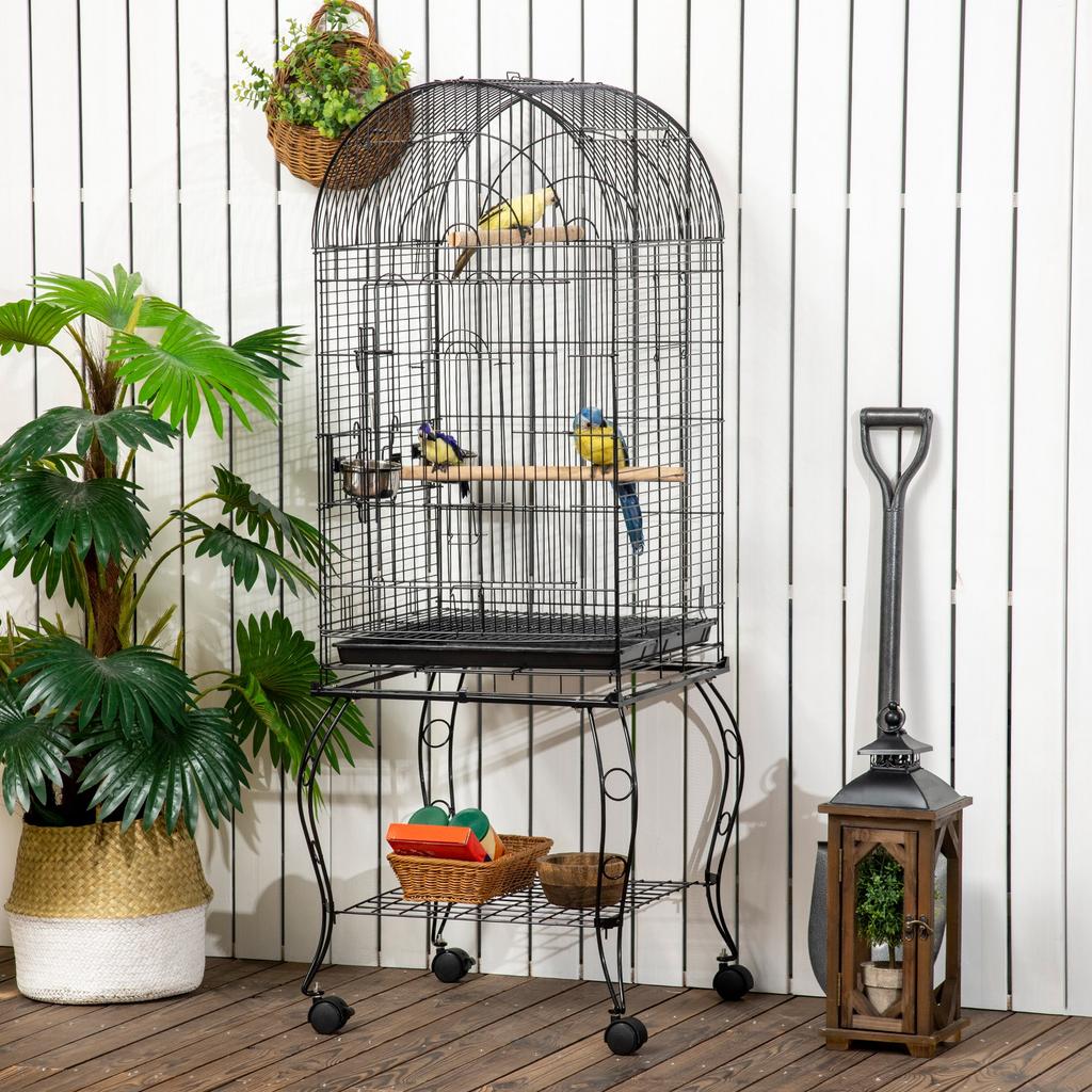 Bird and Canary Cage, Aviary with Wheels in Black Metal 51x51x153 cm