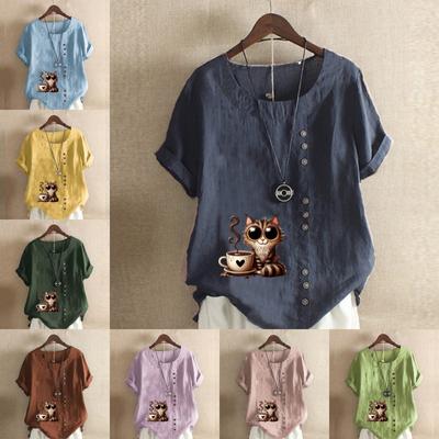 Женская модная футболка с коротким рукавом и принтом «Большие глаза кошки», свободная хлопковая рубашка, повседневная свободная летняя блузка, топы больших размеров