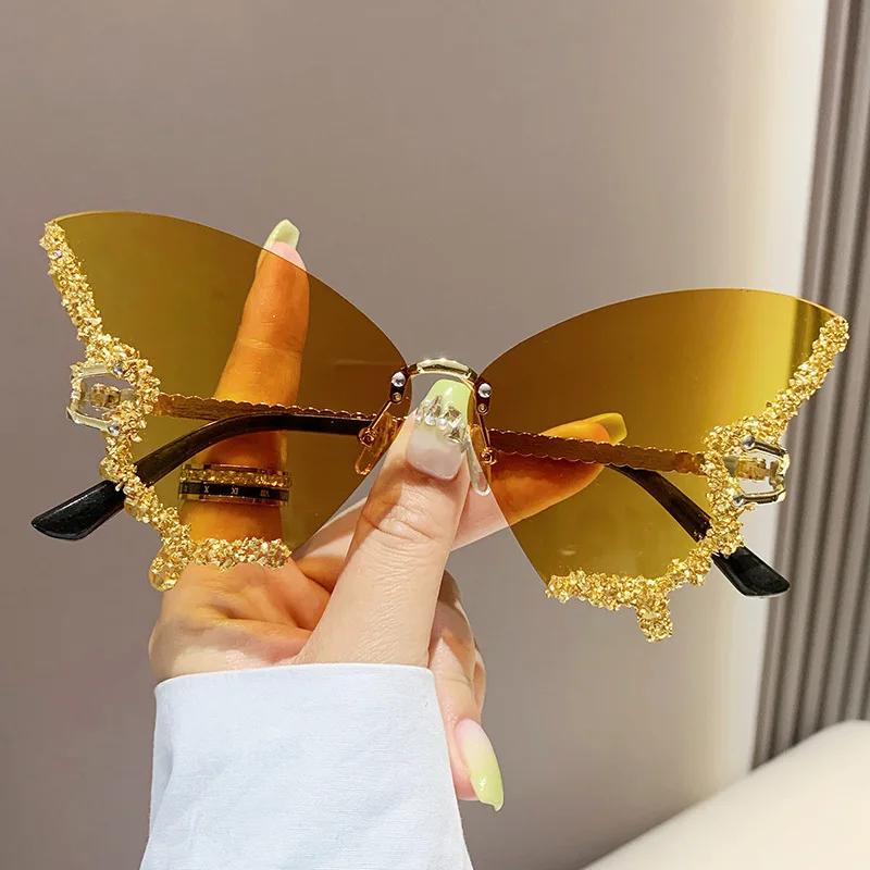 New Luxury Rimless Anti Blue Light Butterfly Sunglasses Ladies Fashion Unique Outdoor Eye Protection Eyewear Diamond Goggles