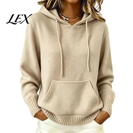 Women Knit Hoodie for Fall Winter, Long Sleeve Pullover Sweater Warm Winter Outfits with Front Pocket, Solid Color Casual Hooded Top Outerwear Pocket