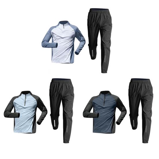 2 шт./компл. Мужской спортивный костюм Комплект Стойка воротник Топы с длинным рукавом Эластичная талия Длинные брюки Комплект Лоскутный цвет Быстросохнущий наряд