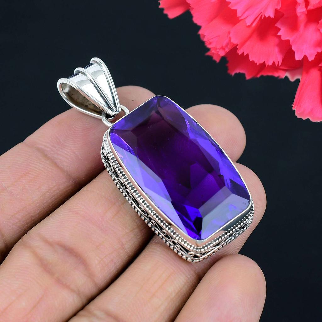 Кулон из драгоценного камня с аметистом, твердый кулон из стерлингового серебра 925 пробы, ювелирный подарок для унисекс