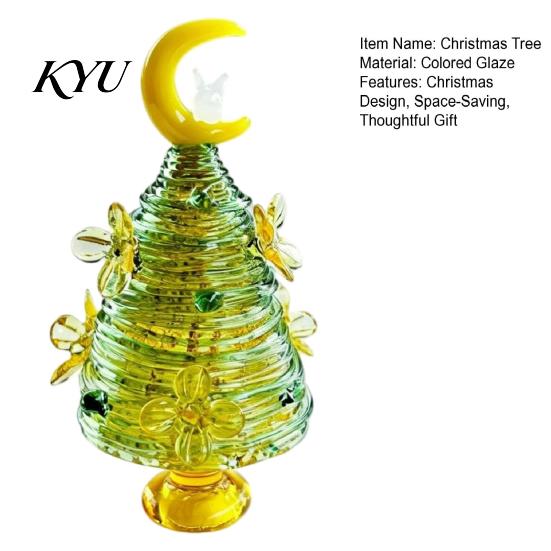 Colorful Glass Tree for Home Glazed Christmas Figurine with Star Moon Decor, Rotating Handmade Ornament Wire Wrapped Desk Mini Holiday Tabletop
