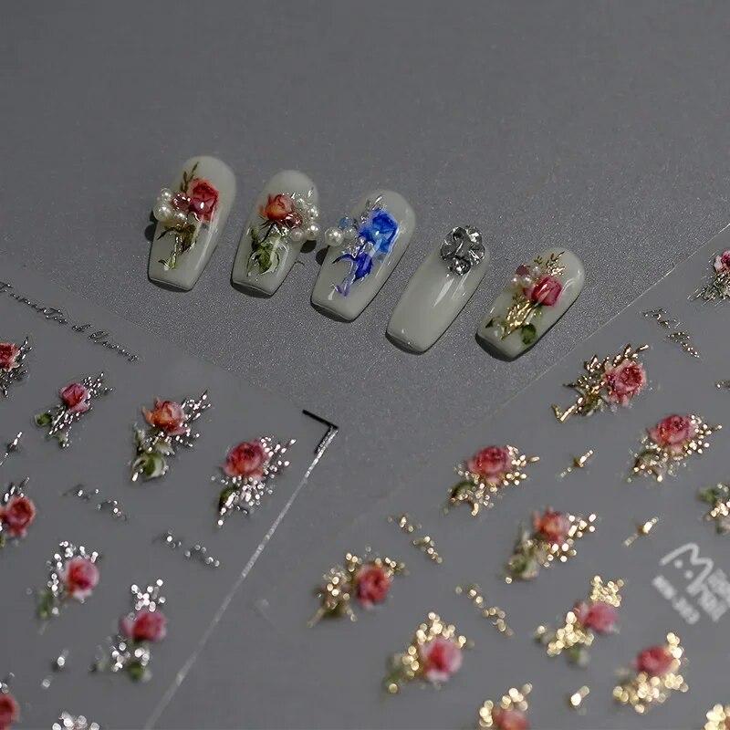 Золото, серебро, розовый, синий, розовые цветы, 3D самоклеящиеся украшения для ногтей, наклейки, модные наклейки для маникюра «сделай сам»,
