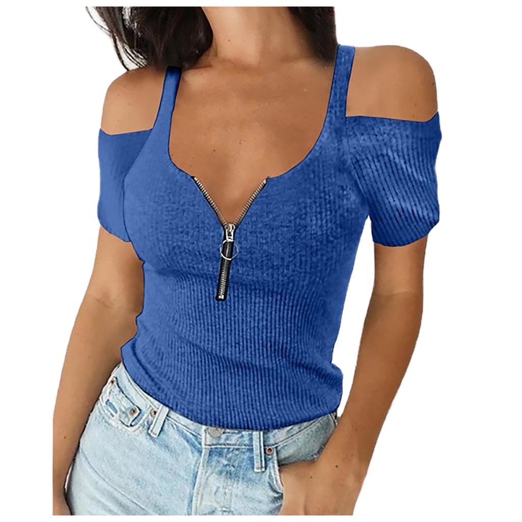 Women's V-Neck Solid Off Shoulder T-shirt Short Sleeves Blouse Plus Size Tops