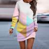 Women's Round Neck Geometric Long Sleeve Hip-wrapped Dress Sweater Dress