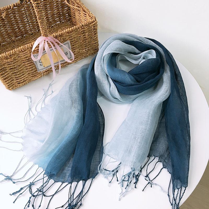 Gradual Change Color Hanging Dye Scarf Japanese Literary And Artistic Versatile Temperament Fringed Hemp Silk Scarf Women Solid Color Linen Scarf