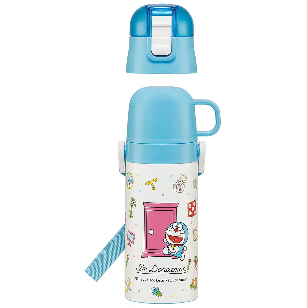Skater Water 420ml or 350ml Sanrio Small Stainless Sports Bottle for Children's Bottle, 2-Way, (Direct Drinking) (Cup Drinking), "I'm Doraemon"