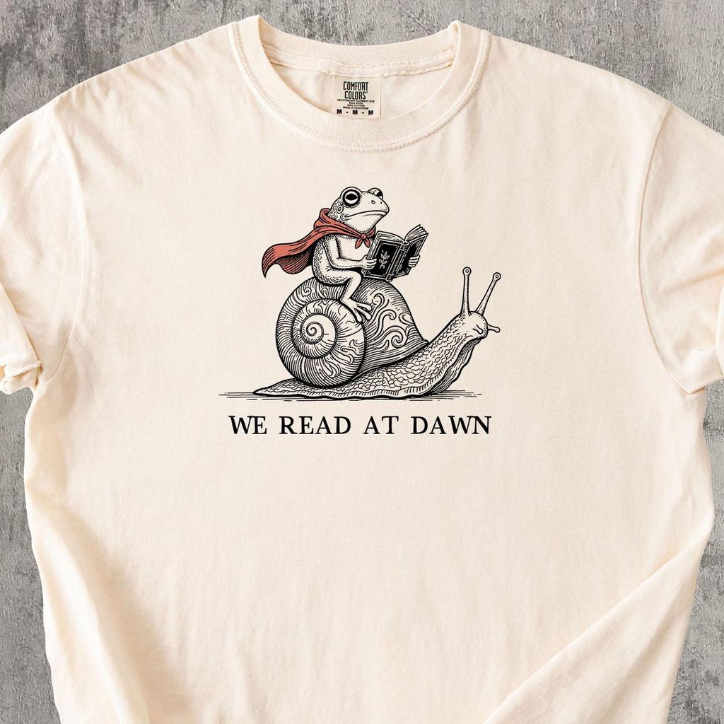 We Read At Dawn Shirt, Frog Reading Book Tee, Book Lover Shirt, Cottagecore Reading Tee, Bookworm Gift, Comfort Colors Frog T shirt