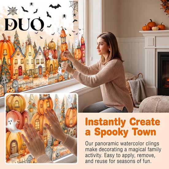 Waterproof Holiday Window Film Halloween Clings, Pumpkins Skeletons Ghosts And Bats Print Decorative Indoor Outdoor Glass Ornaments