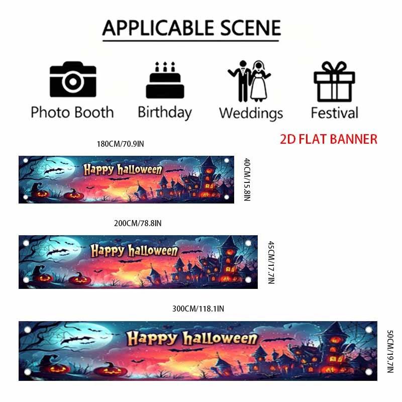 Halloween Fence Banner, Haunted Castle with Flying Bats and Glowing Jack-O-Lantern Path, Outdoor Decor