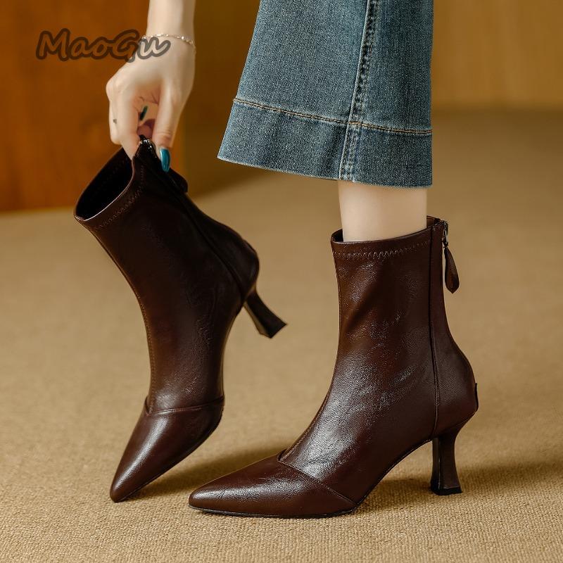 New Shoes Designer Metal Women Ankle Elastic Boots Fashion Zippers Footwear Square Heels Ladies Modern Short Booties Shoes
