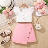 Летний детский модный костюм из двух частей для девочек с квадратным воротником и короткими рукавами, топом и юбкой