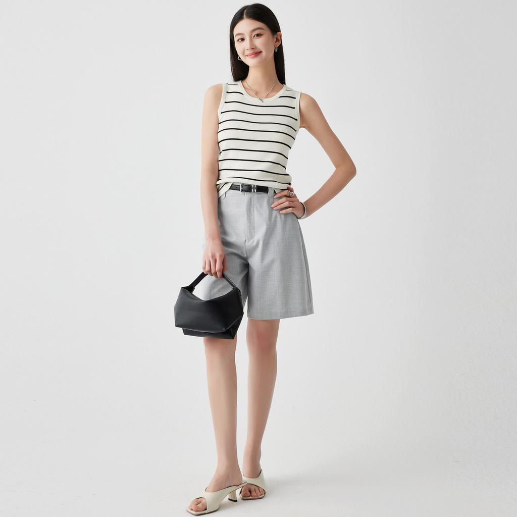 Basic Versatile: Spring/Summer Round Neck Contrast Striped Sleeveless Bottom for Wearing Wool Blended Tank Top for Women
