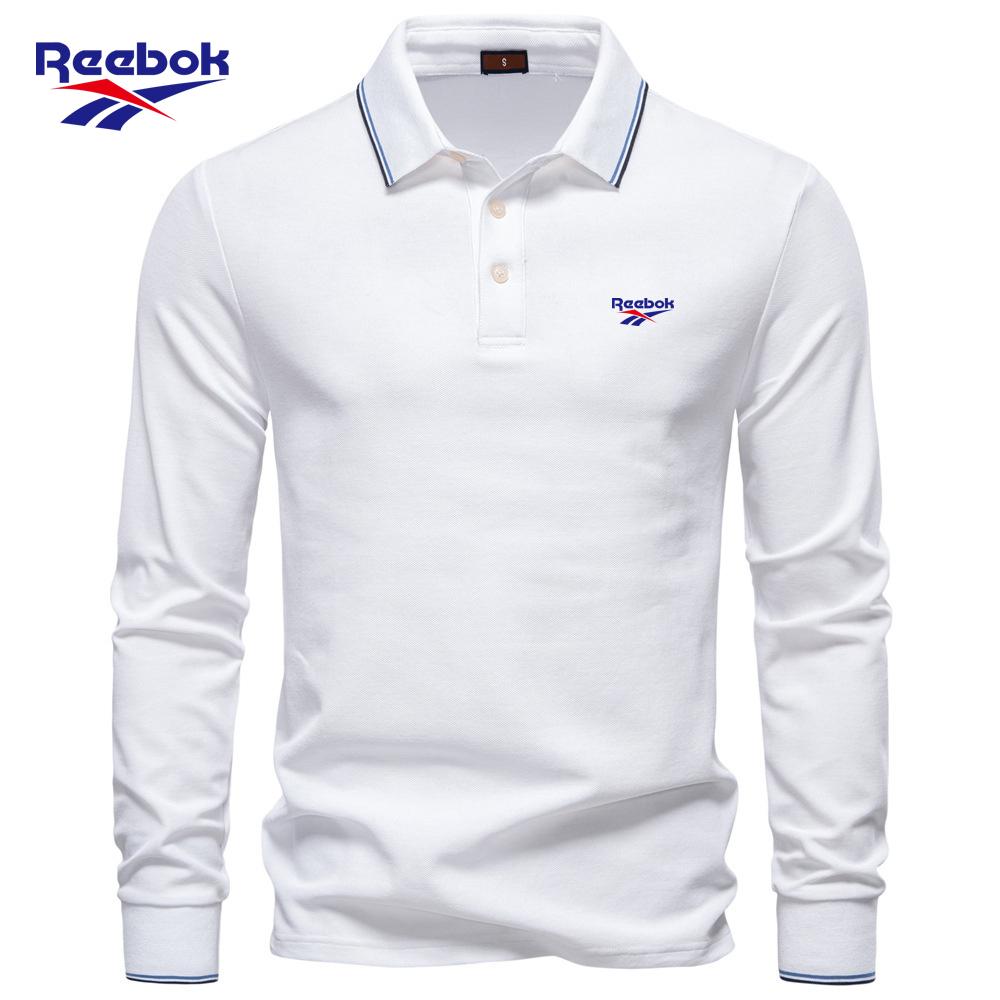 Reebok Новая мужская рубашка-поло с длинным рукавом и вышивкой, Осень 2026, Однотонный мужской топ с воротником, Универсальная рубашка-поло для мужчин