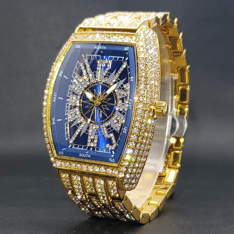Full Diamond Hip Hop Weird Digital Men's Watch Barrel Shaped Black Disc Handsome Rap Quartz Watch