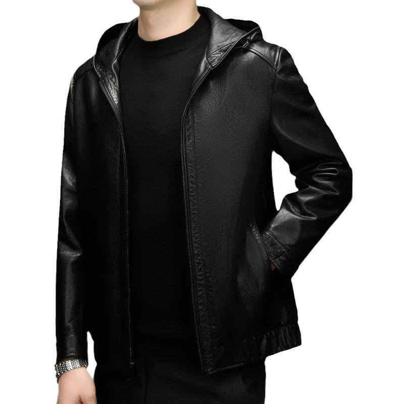 Men's Oil Wax Cowhide Leather Jacket Hooded Jacket Autumn and Winter New Fashion Trend Locomotive Leather Jacket