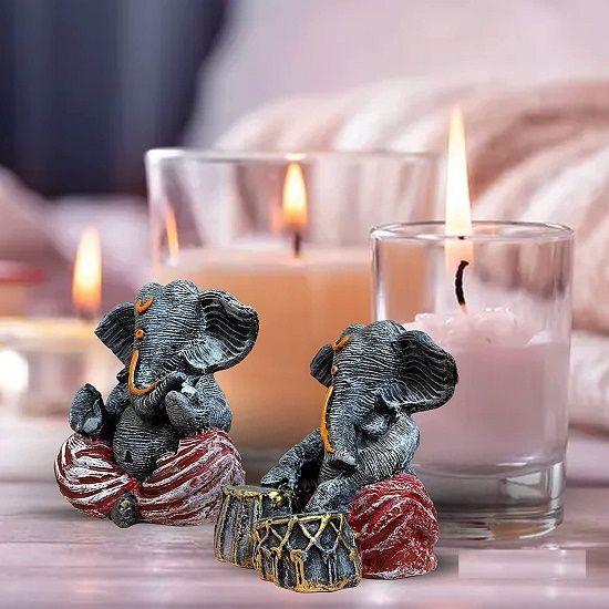 Resin Ganesha Pair for Home Decor | Brings Prosperity - (Grey & Red, Pack of 2)