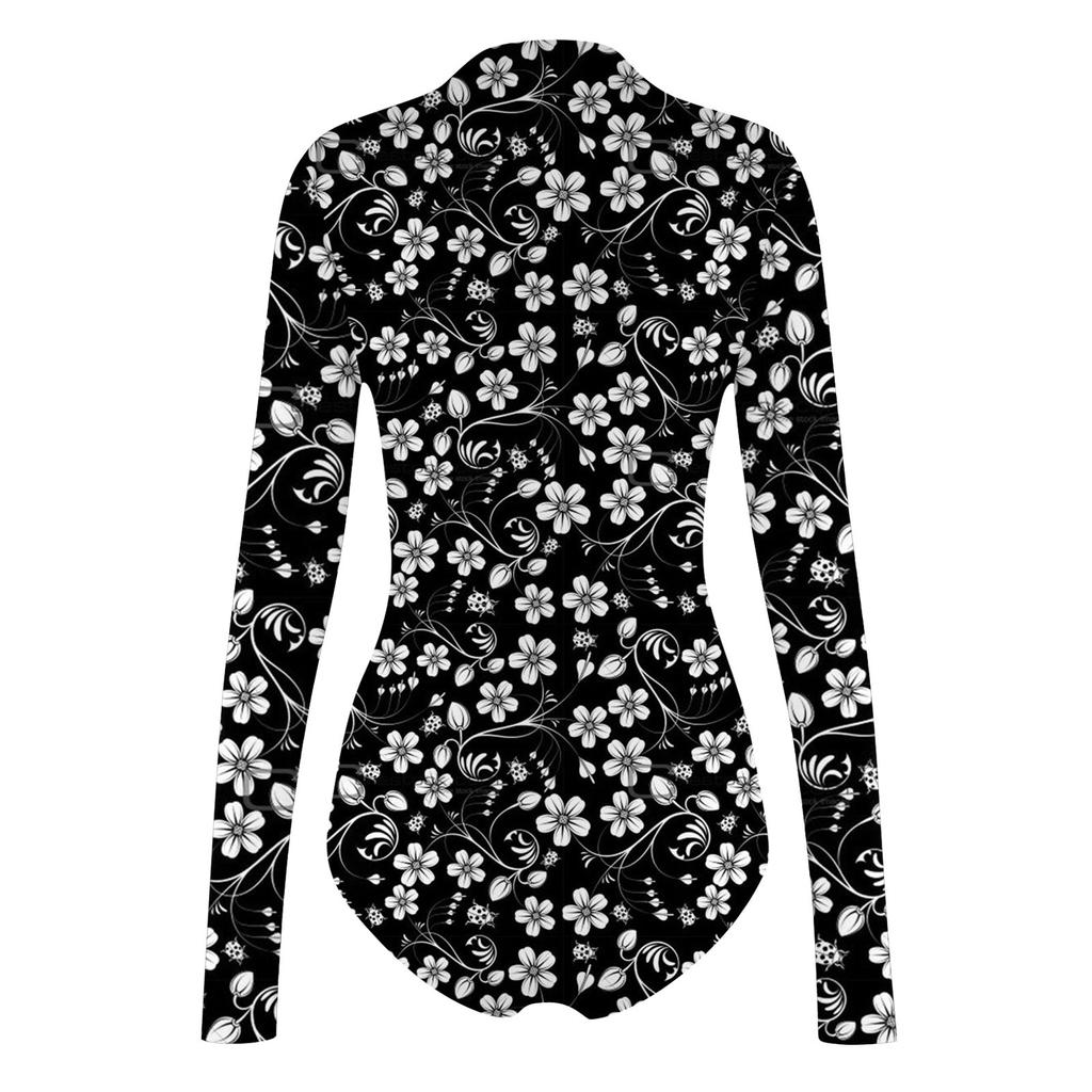 Women's Spring And Autumn One-piece T-shirt Slim Long Sleeve Half High Neck Vintage Printed Bodysuit Tops