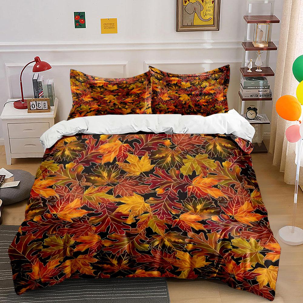 Autumn Leaves Pattern Bedding Set kid's and adults' bedroom decor, Exquisite three-piece bedding set gift