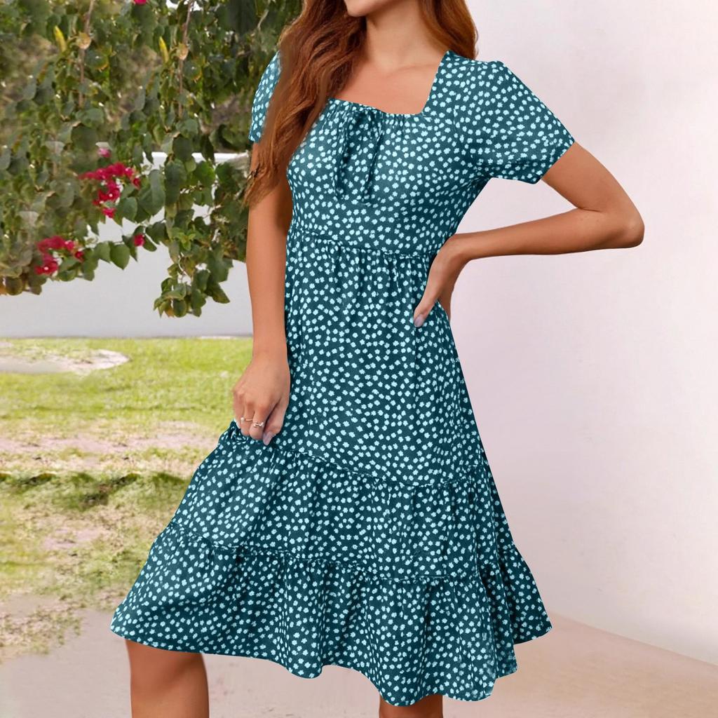 Womens Square Neck Tiered Summer Dresses Casual Floral Short Sleeved A-line Swing Flowy Dress Beach Boho Sundress