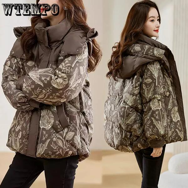 WTEMPO Большие размеры, пуховики на молнии, женские зимние короткие стеганые куртки с капюшоном и принтом, повседневные свободные толстые пальто с карманами