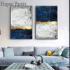 Abstract Gold Foil Block Painting Blue Poster Print Modern Golden Wall Art Picture for Living Room Navy Decor Big Size Tableaux