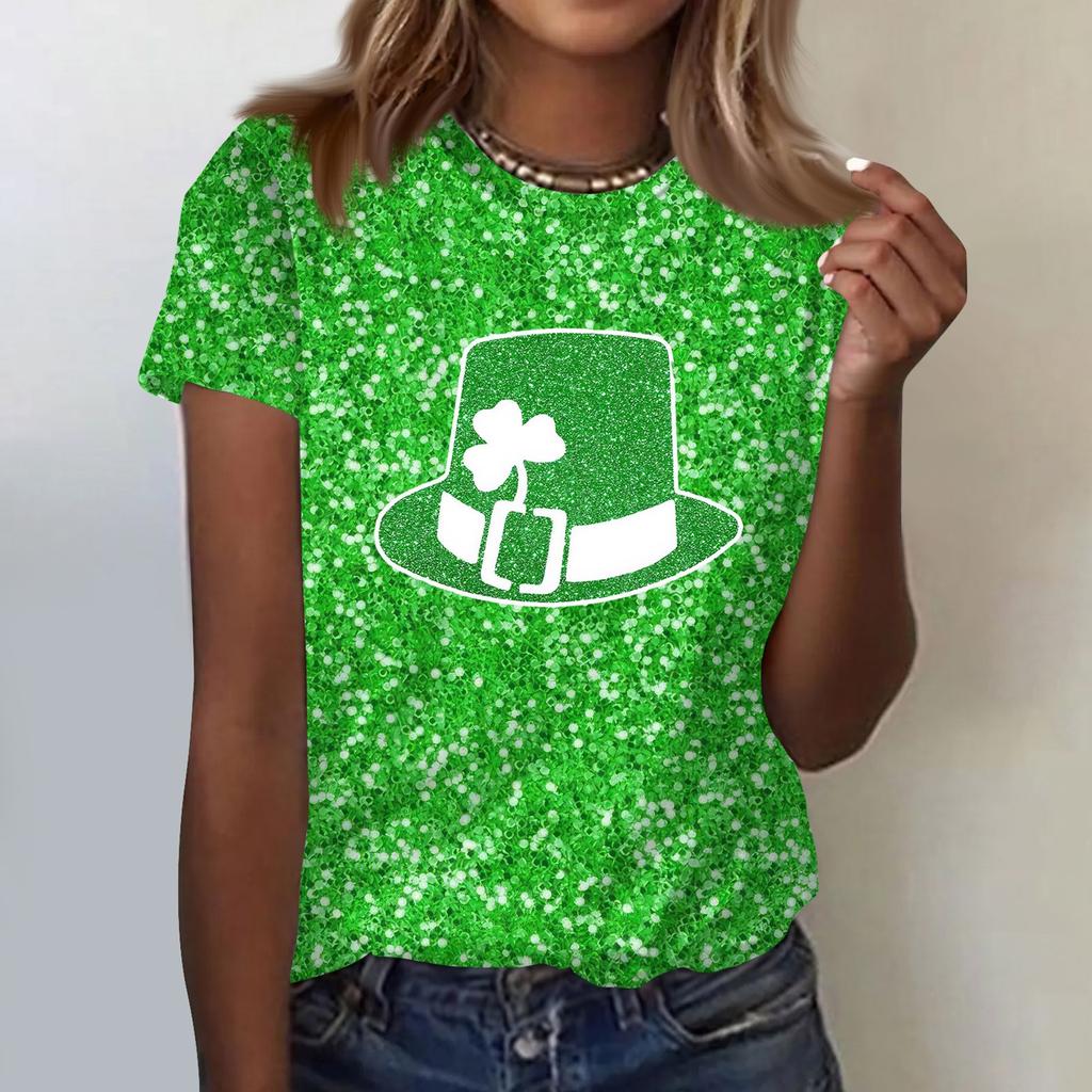 Women's  Casual Short Sleeve Shirts Fashion St Patrick's Print Tunic Tops With Pockets