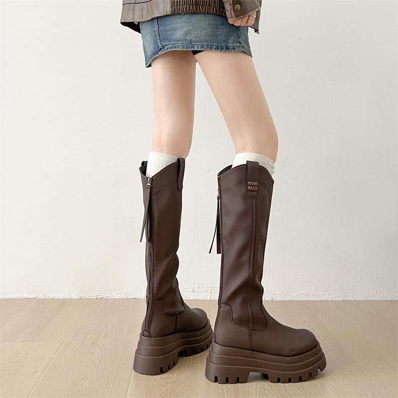 Queen Fan Black Retro Thick-soled Heightening Boots Women's 2025 New Summer Skinny Versatile Knight Boots
