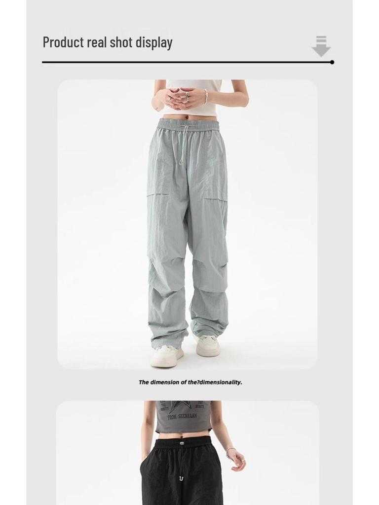2024 Американские женские брюки карго парашюты с высокой талией: Осенний ветрозащитный плащ прямого кроя для повседневной носки, спорта и пеших прогулок