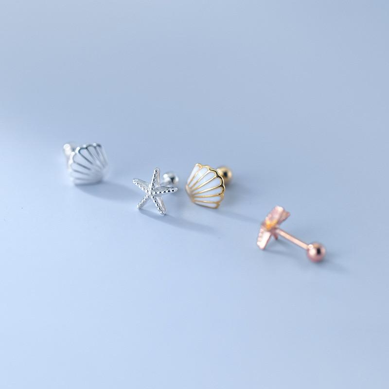 TrustDavis Real 925 Sterling Silver Sweet Asymmetrical Starfish Shells Screw Sted Earrings For Women Daughter Fine Jewelry DA2157