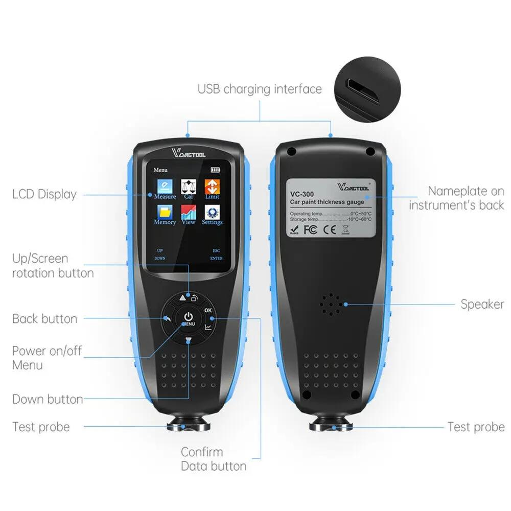 VDIAGTOOL VC300 Автомобильный толщиномер с цифровой ЖК-подсветкой Тестер автомобильной краски Толщиномер покрытия Fe/nFe 0,1 мкм/0-1300