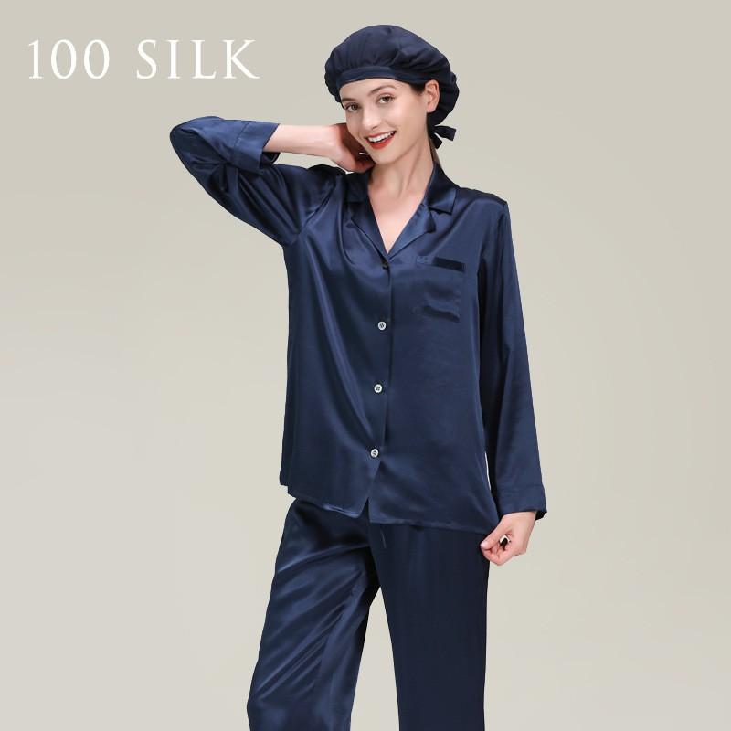 100% Pure Silk Pajama Set Women Long Sleeve Pants Lightweight Sleepwear Lounge Wear Fall