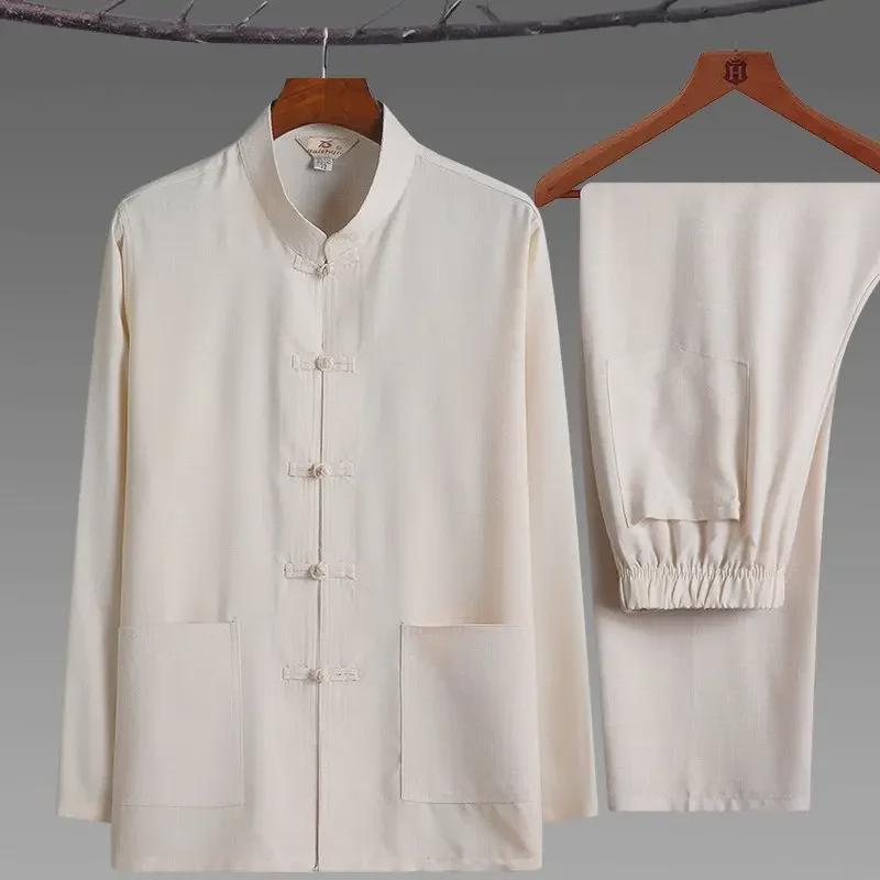 Костюм Тан для мужчин среднего и пожилого возраста — рубашка и брюки в китайском стиле ханьфу с длинными рукавами (Весна/Лето, Тайцзи)