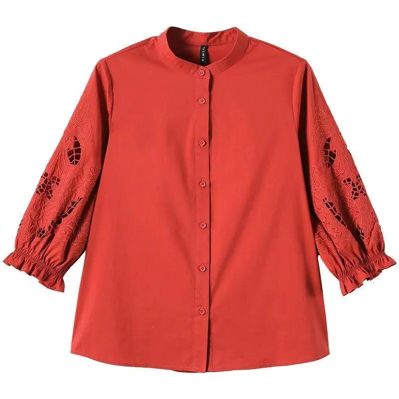 Retro Embroidered Women's Shirt Stand Collar Hollow Out Three-Quarter Sleeve Button Top Female Blouses Loose Woman Blouses