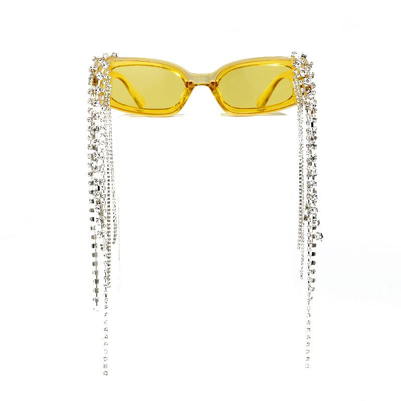 European and American style square-framed sunglasses with hand-applied rhinestones and tassels, unisex, jelly-colored, trendy street-style eyewear