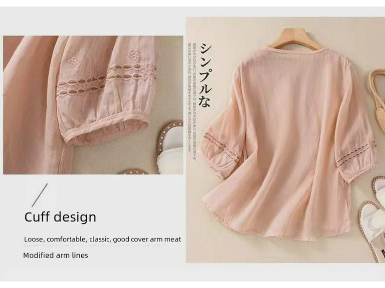 Артистичный ретро-топ из хлопка и льна с короткими рукавами, лето 2024 г.