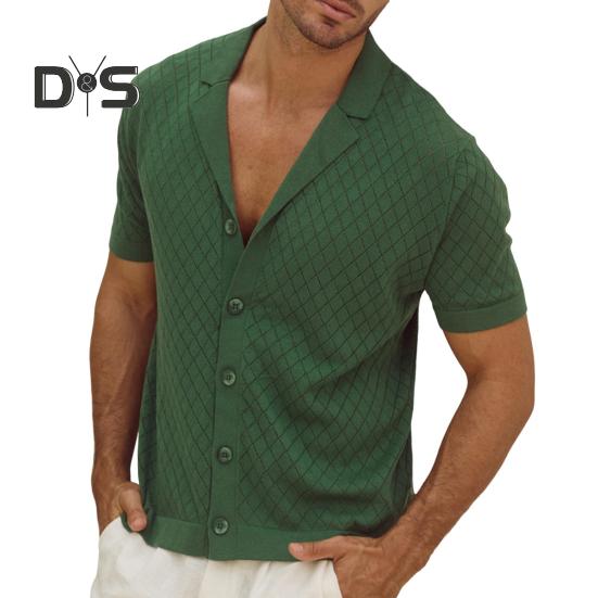 Мужская жаккардовая трикотажная рубашка с коротким рукавом, застегивающаяся на пуговицы, с кубинским воротником, узором в виде ромба, повседневная рубашка для повседневной носки, вечеринок, путешествий