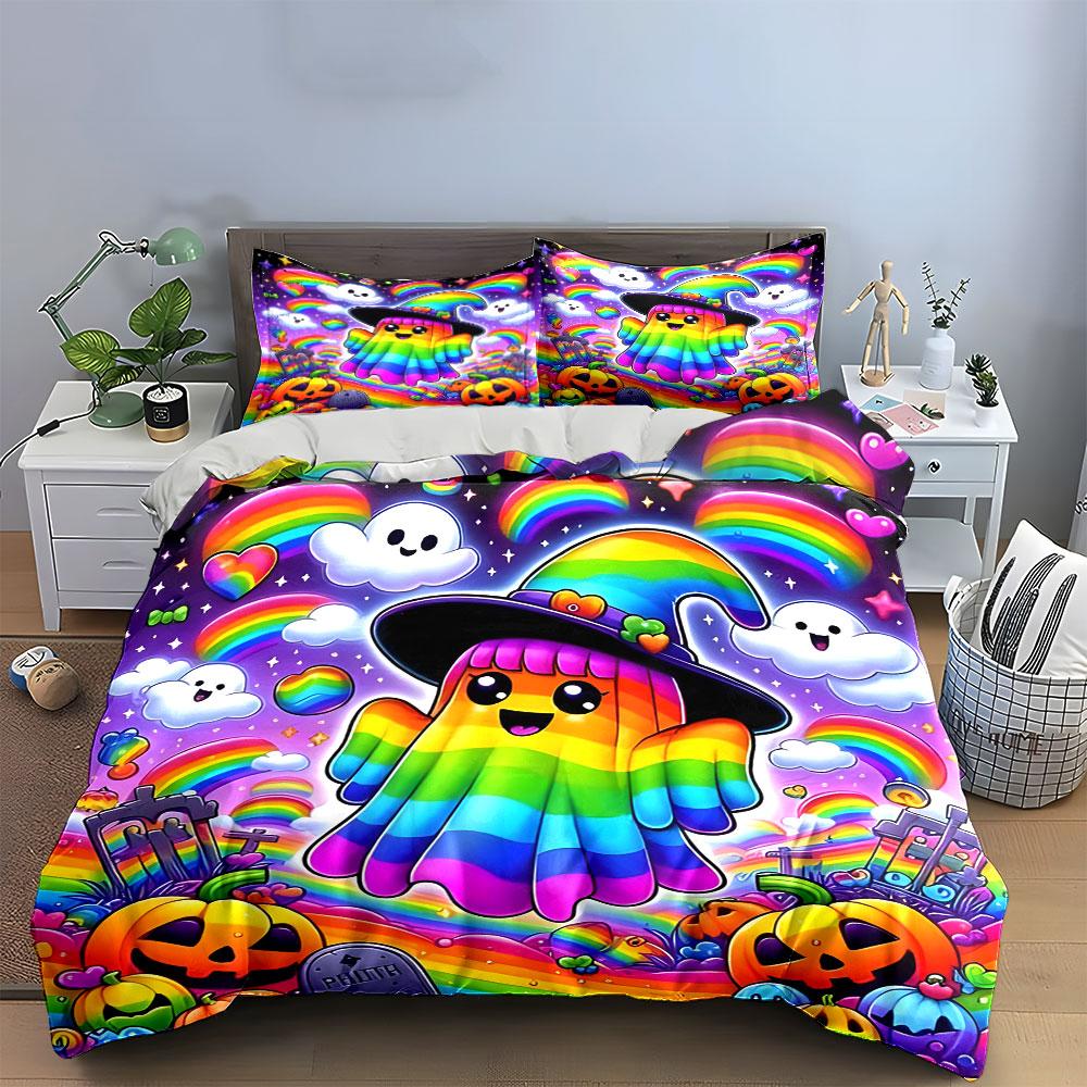 Rainbow Ghost Witch Design Set Bedding Duvet Cover Set Duvet Cover Pillowcases  (1*Duvet Cover 2*Pillowcases, without duvet insert)
