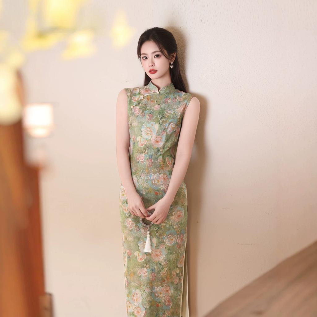 1011 летний новый зеленый без рукавов ципао узкий масляная живопись цветочный молодой новый китайский женский костюм повседневный