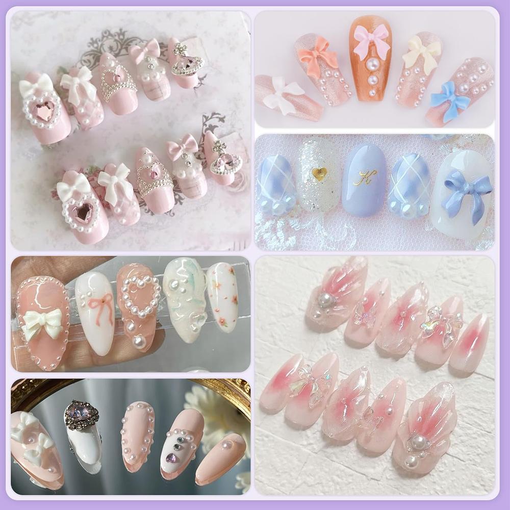 6 Colors Cute Bow Charms and White Flatback Pearls For DIY Nail Decoration