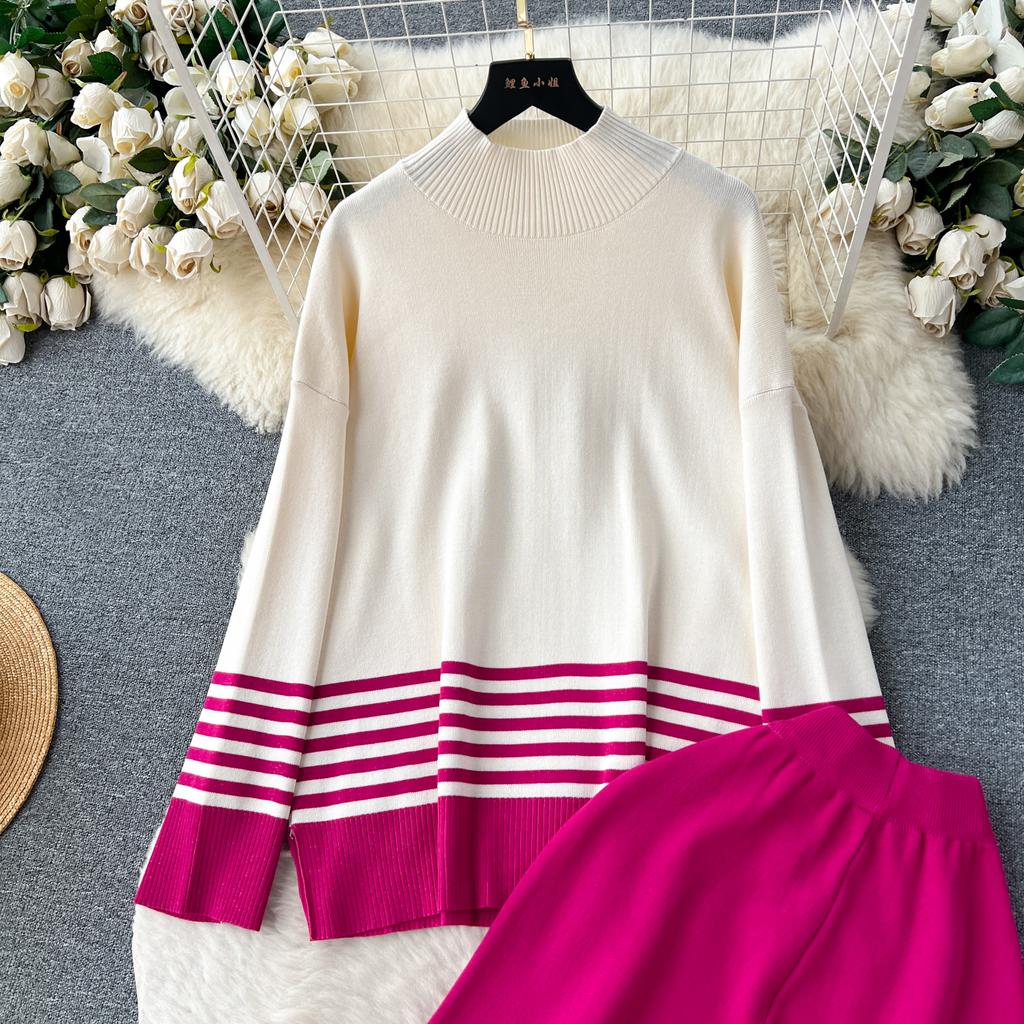 Осень-весна повседневные трикотажные комплекты с высоким воротником в полоску пуловер с разрезом + широкие длинные брюки женский модный свободный костюм-свитер