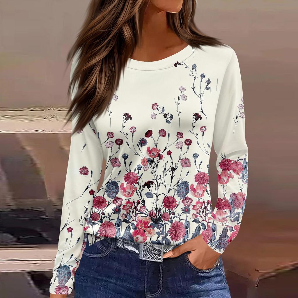 Women's Fashion Casual Slit Hem Round Neck Long Sleeve Loose  Printed T-Shirt Ladies Top