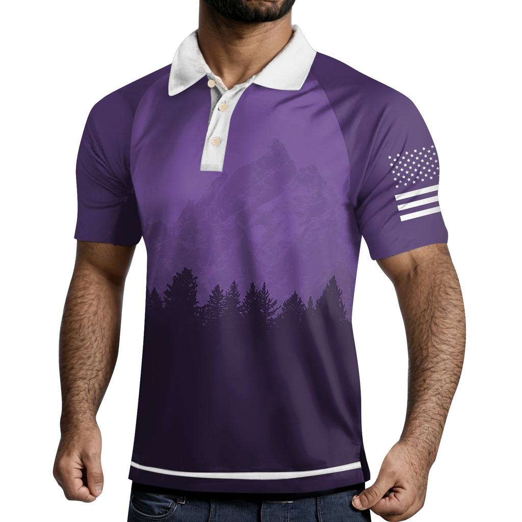 Men's Three Button Printed Lapel Short Sleeve Shirt Top