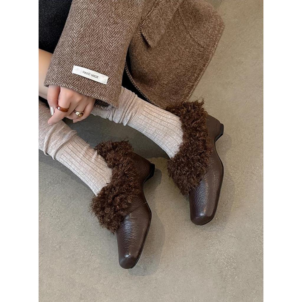 Версия из овчины, высококлассные пушистые туфли с квадратным носком, женские туфли из натуральной кожи и бархата, теплые хлопковые туфли с утолщенной подошвой, одинарные туфли Мэри Джейн, маленькие кожаные