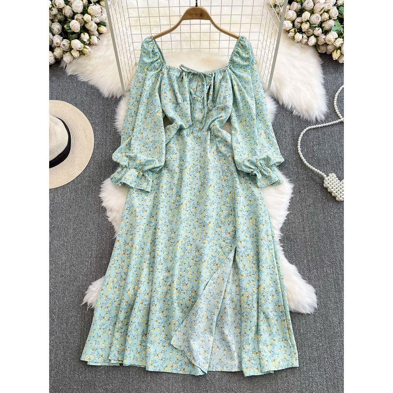 Spring and Autumn Long Sleeves A- Line Elegance Print Dress